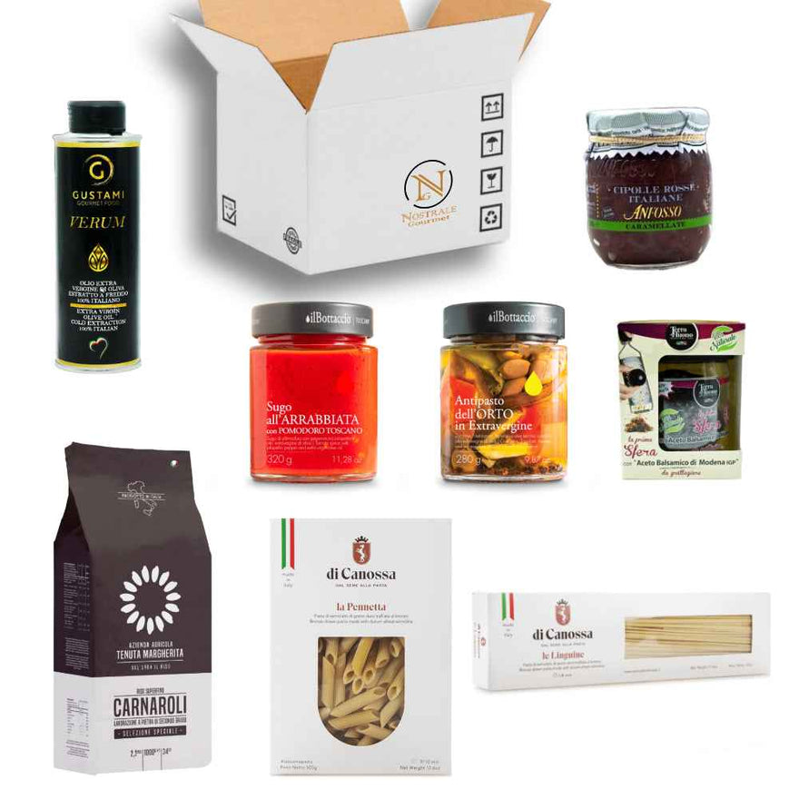 Nostrale Gourmet Italian artisan food gift box with extra virgin olive oil, pasta, rice, sauces, and condiments.