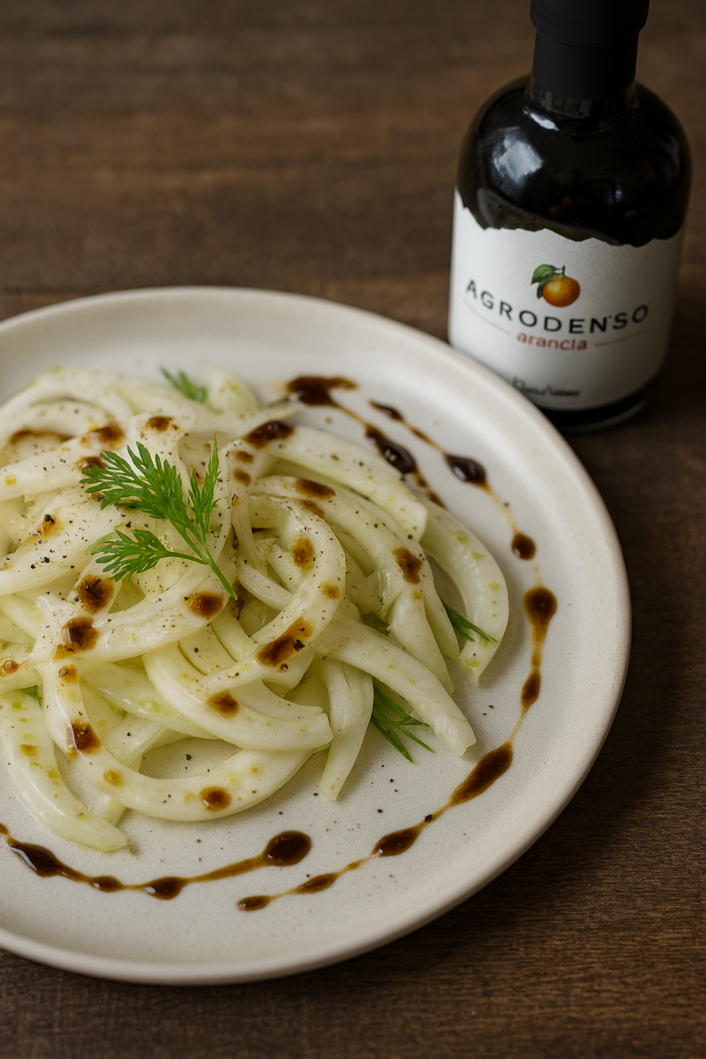 Fennel salad with balsamic orange dressing on plate, Agrodenso Arancia bottle, Nostrale Gourmet