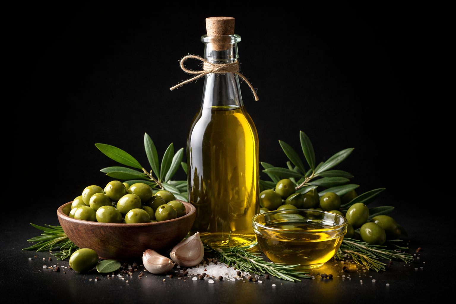 Spoons with black olives, Italian extra virgin olive oil, and green olives on dark background
