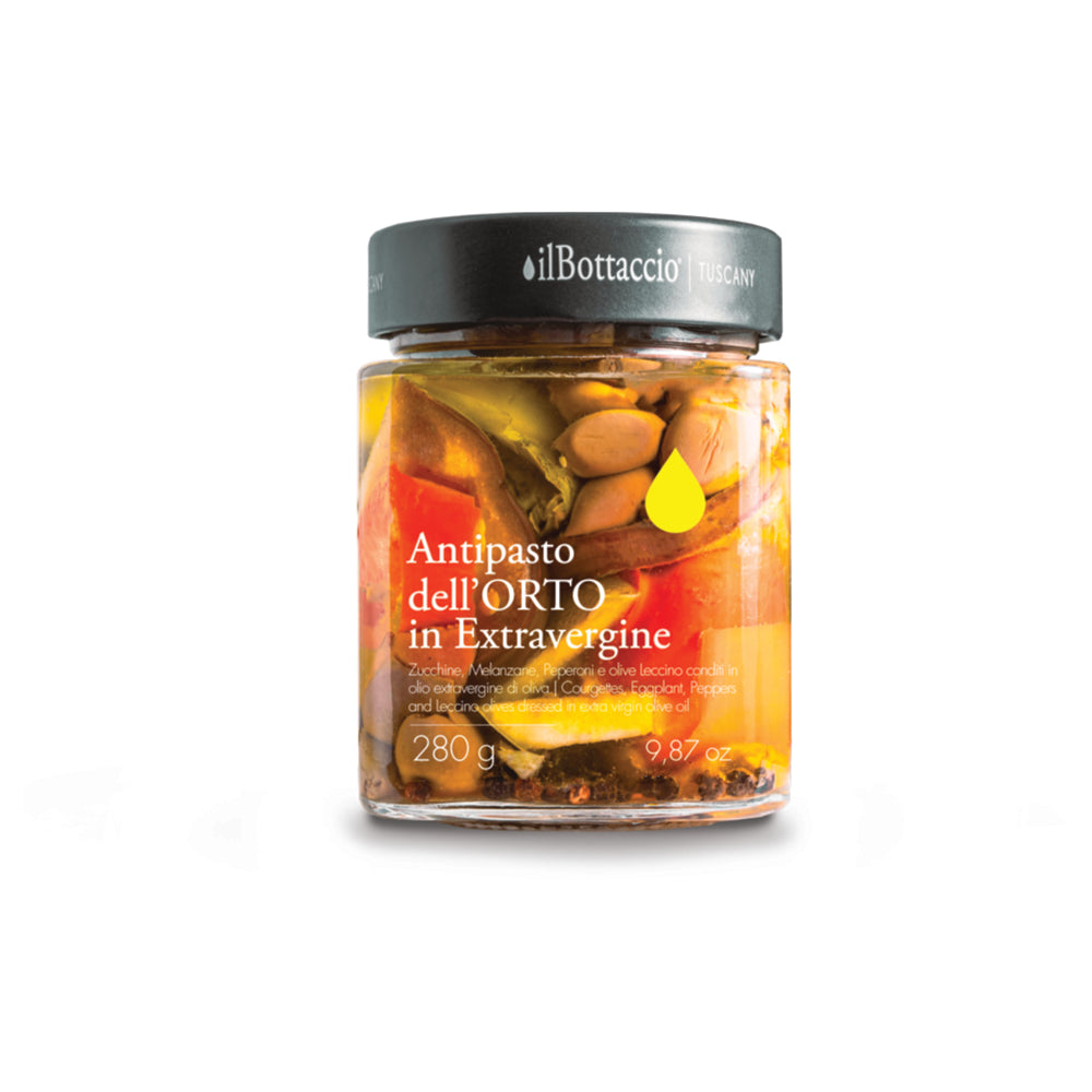 Antipasto dell’orto: selezione di verdure fresche grigliate e marinate, presentate con erbe aromatiche