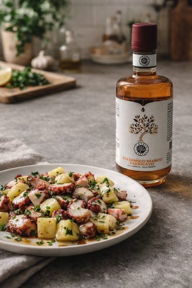Piatto con insalata di polpo e patate condita con balsamico bianco barricato Acetaia Castelli