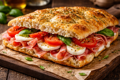 Schiacciata toscana farcita con pomodoro e mozzarella