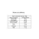 Nutritional values table for saffron risotto by Nostrale Gourmet, Italian artisanal food.
