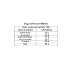 Nutritional table for Sugo salsiccia e Barolo, gourmet Italian sauce, Nostrale Gourmet