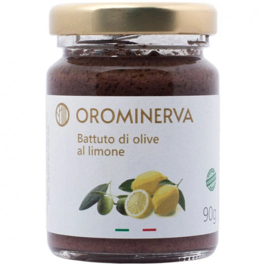 "Battuto di olive nere al limone Orominerva 90g – condimento artigianale del Molise in vasetto di vetro"