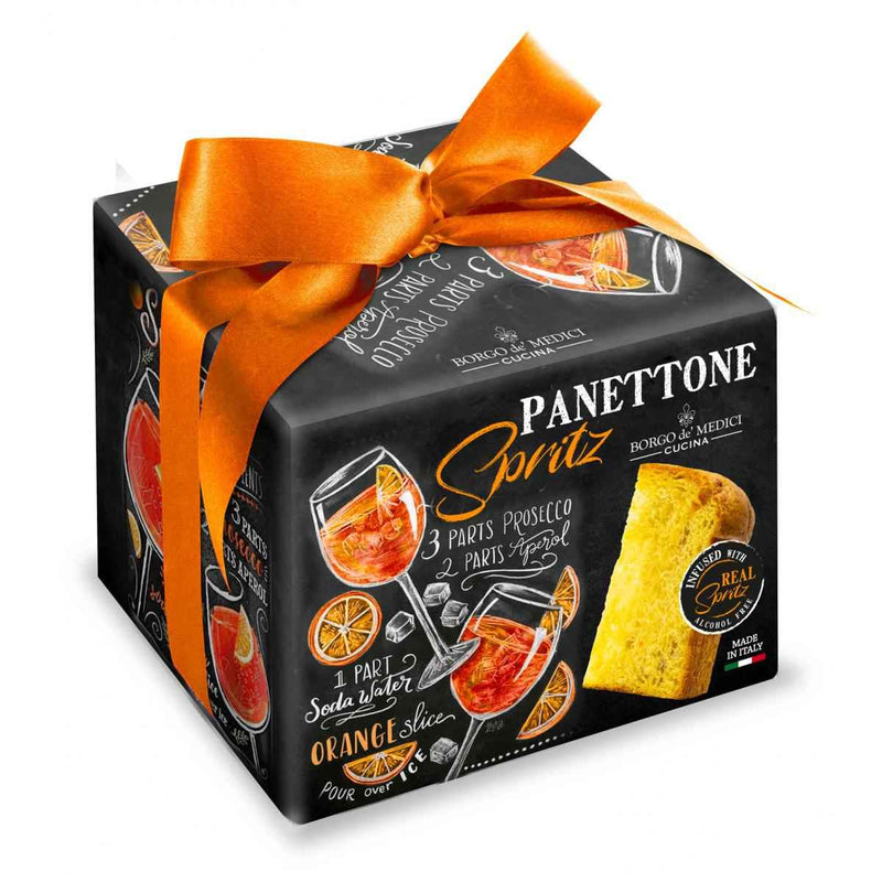 Nostrale Gourmet Italian Panettone Spritz boxed cake with orange ribbon and spritz cocktail graphics