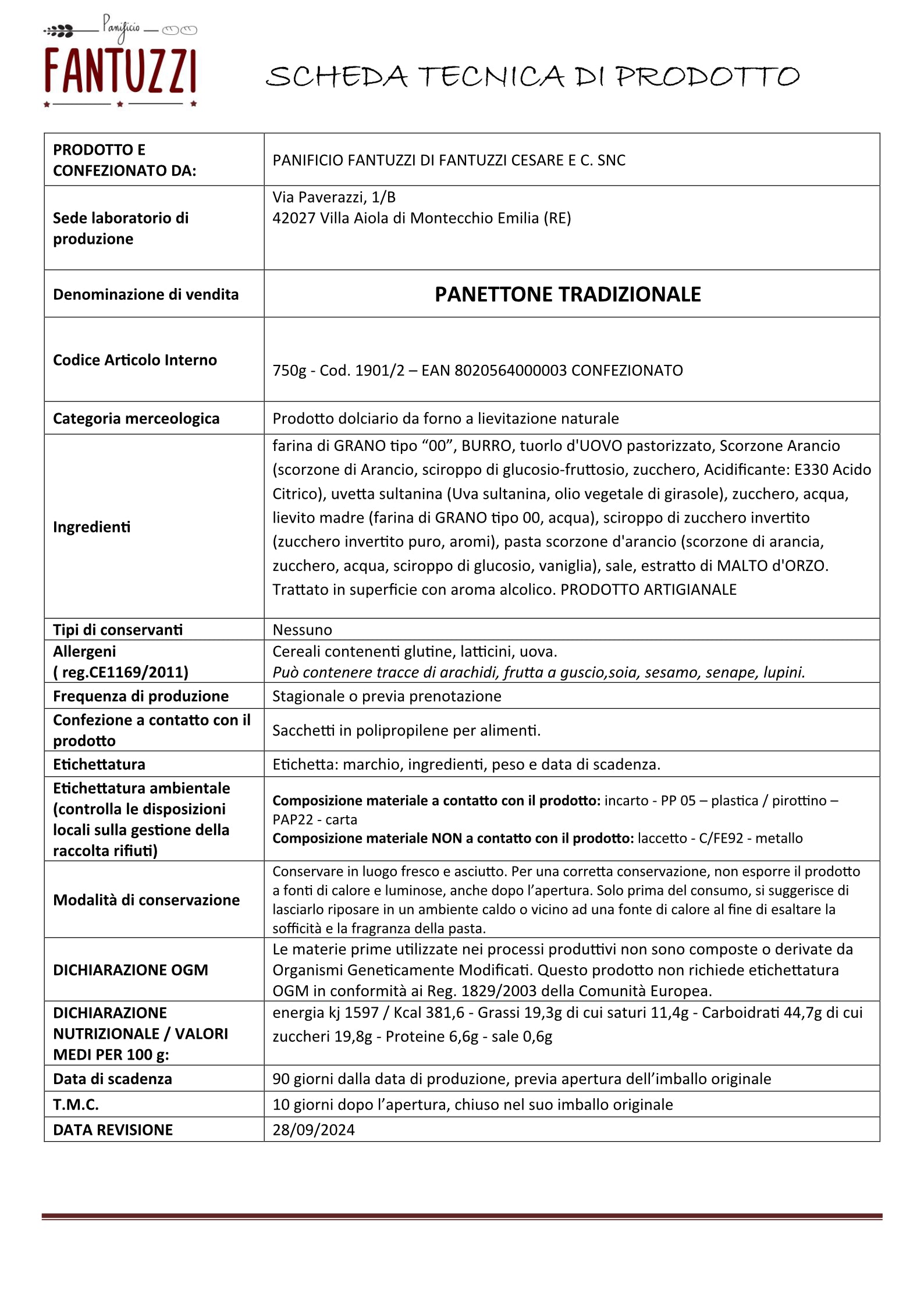 Panettone Artigianale Classico 750gr.