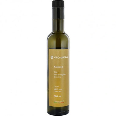 Bottiglia da 500ml di olio extravergine di oliva Classico Orominerva, con tappo antirabbocco e dosatore, prodotto artigianalmente in Molise.