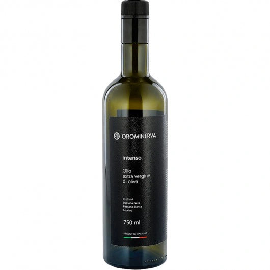 Bottiglia da 750ml di olio extravergine di oliva Intenso Orominerva, 100% italiano, con gusto deciso e aroma persistente.


