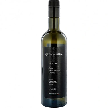 Bottiglia da 750ml di olio extravergine di oliva Intenso Orominerva, 100% italiano, con gusto deciso e aroma persistente.

