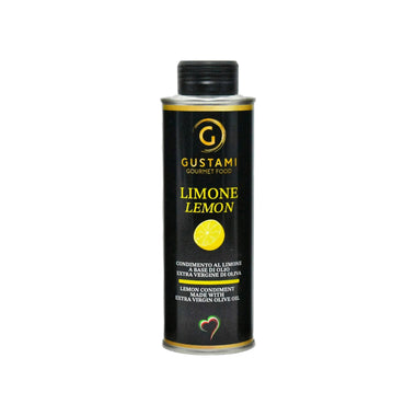 Olio extravergine di oliva al limone di Gustami Gourmet Food: 100% naturale, fresco e aromatico. Ideale per condire pesce, insalate e piatti estivi con un tocco agrumato.