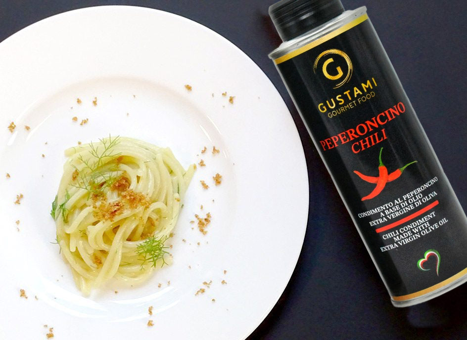 piatto di Spaghetti con Olio extravergine di oliva infuso al peperoncino 250ml - Gustami Gourmet Food