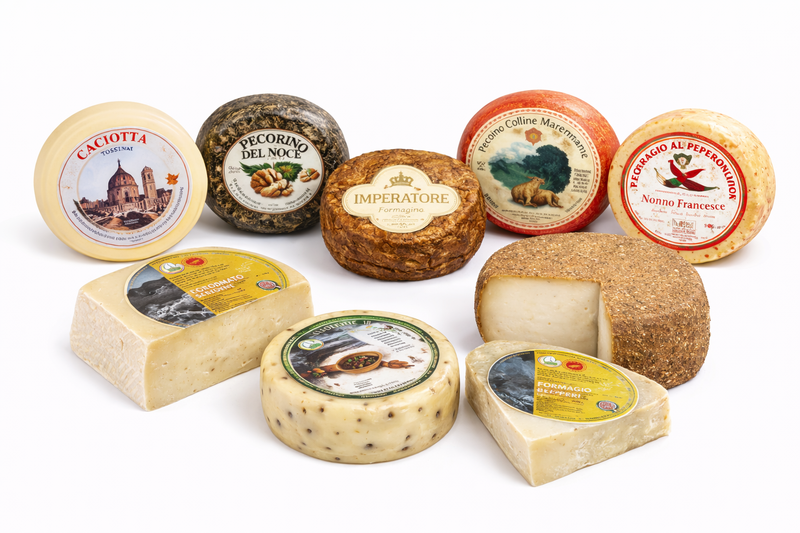 Selezione di formaggi toscani artigianali: Pecorino del Noce, Marzolino Imperatore, pecorini stagionati e formaggio al pepe