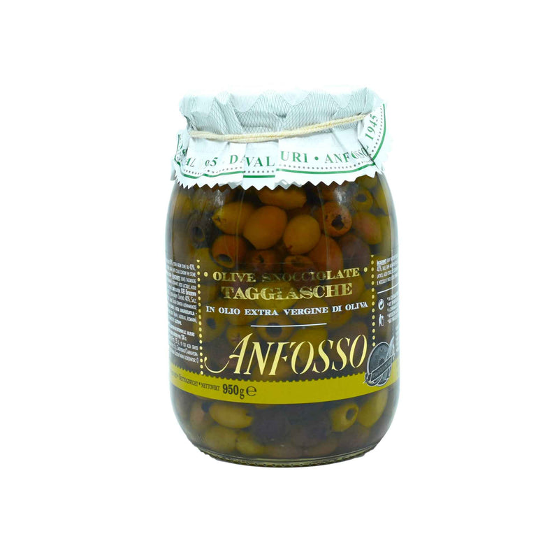 Jar of Anfosso Taggiasca pitted olives in extra virgin olive oil, Italian gourmet food