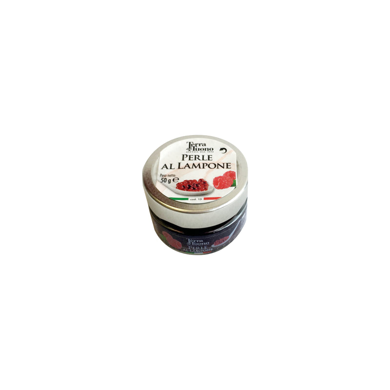 Jar of Perle al Lampone raspberry pearls gourmet Italian condiment from Nostrale Gourmet