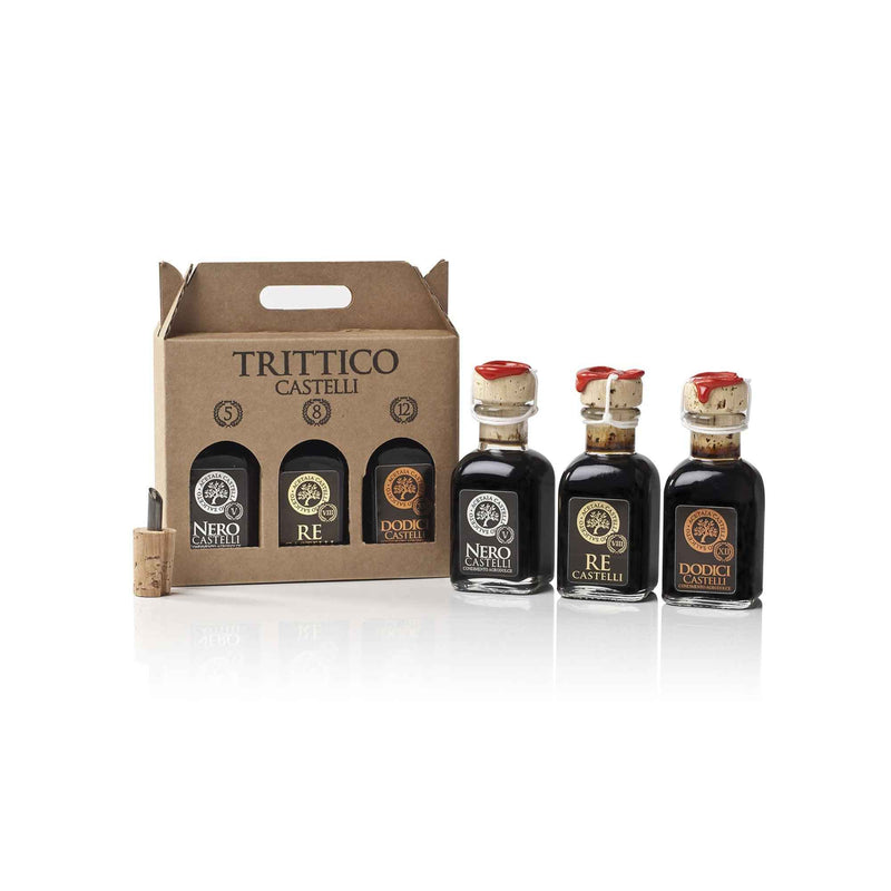 Trittico Castelli Italian balsamic vinegar trio set with corked glass bottles and gift box.